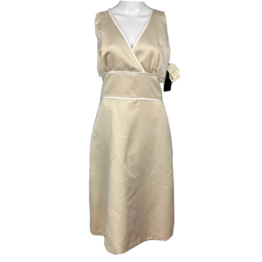NWT Alfred Sung Dress Womens Sz 14 Nude Beige Ivory Wrap Front A-line Formal